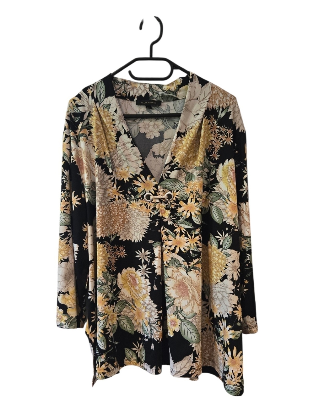 Black Floral V-Neck Tunic with Yellow and Cream Blooms by Ellen Tracy